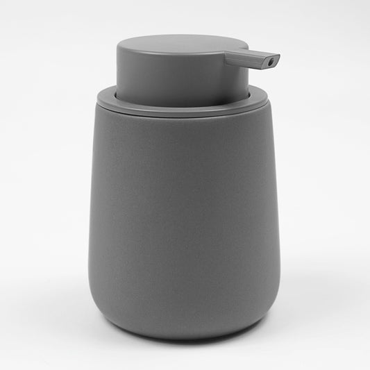 A gray ceramic foaming soap dispenser with a matte finish and a black plastic pump.